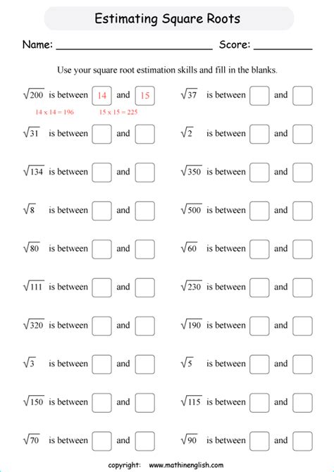 estimating square roots worksheet with answers